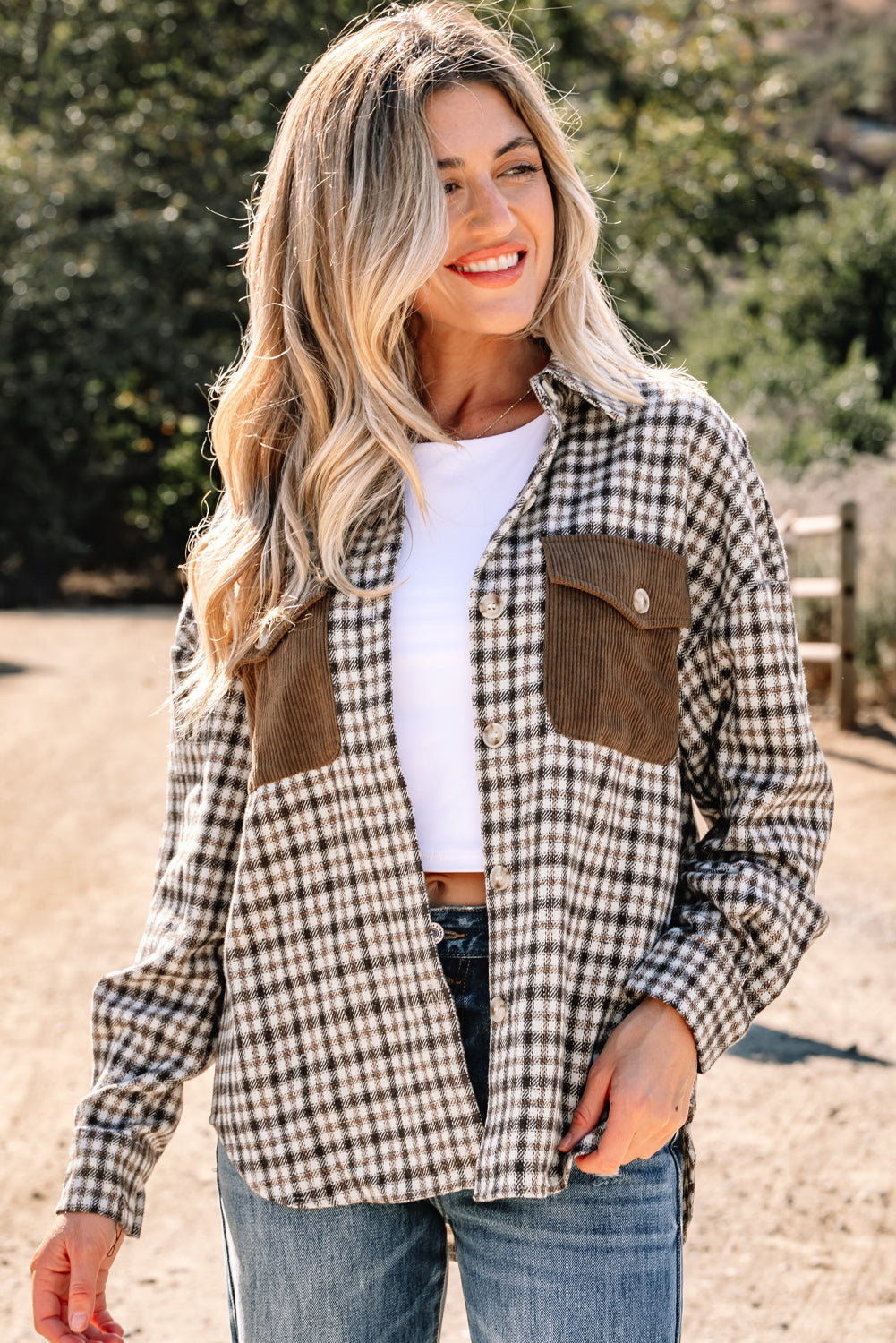 Casual Contrast Corduroy Flap Pocket Patchwork Plaid Shacket