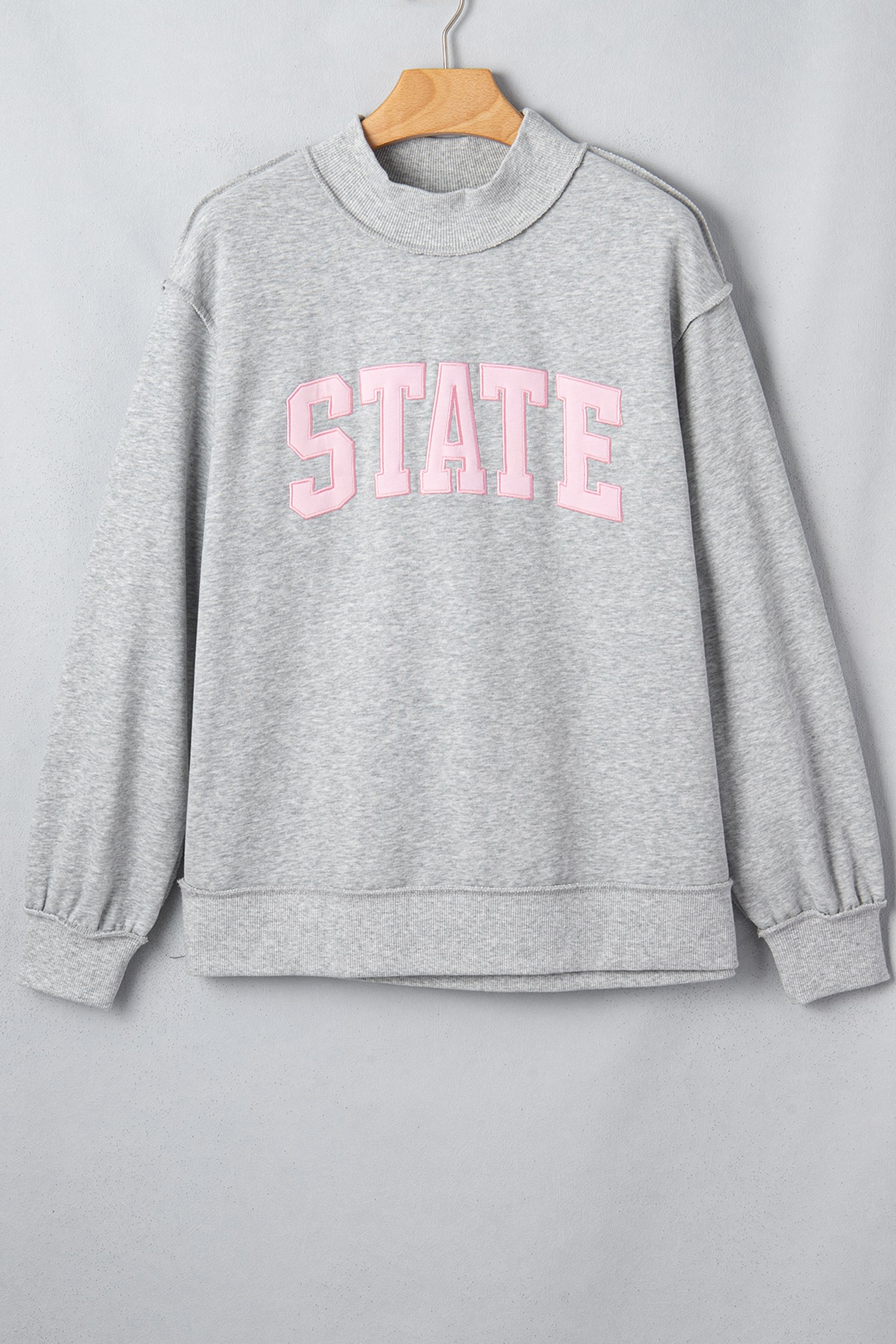 Light Grey Exposed Seam Mock Neck Letter Embroidered Loose Sweatshirt