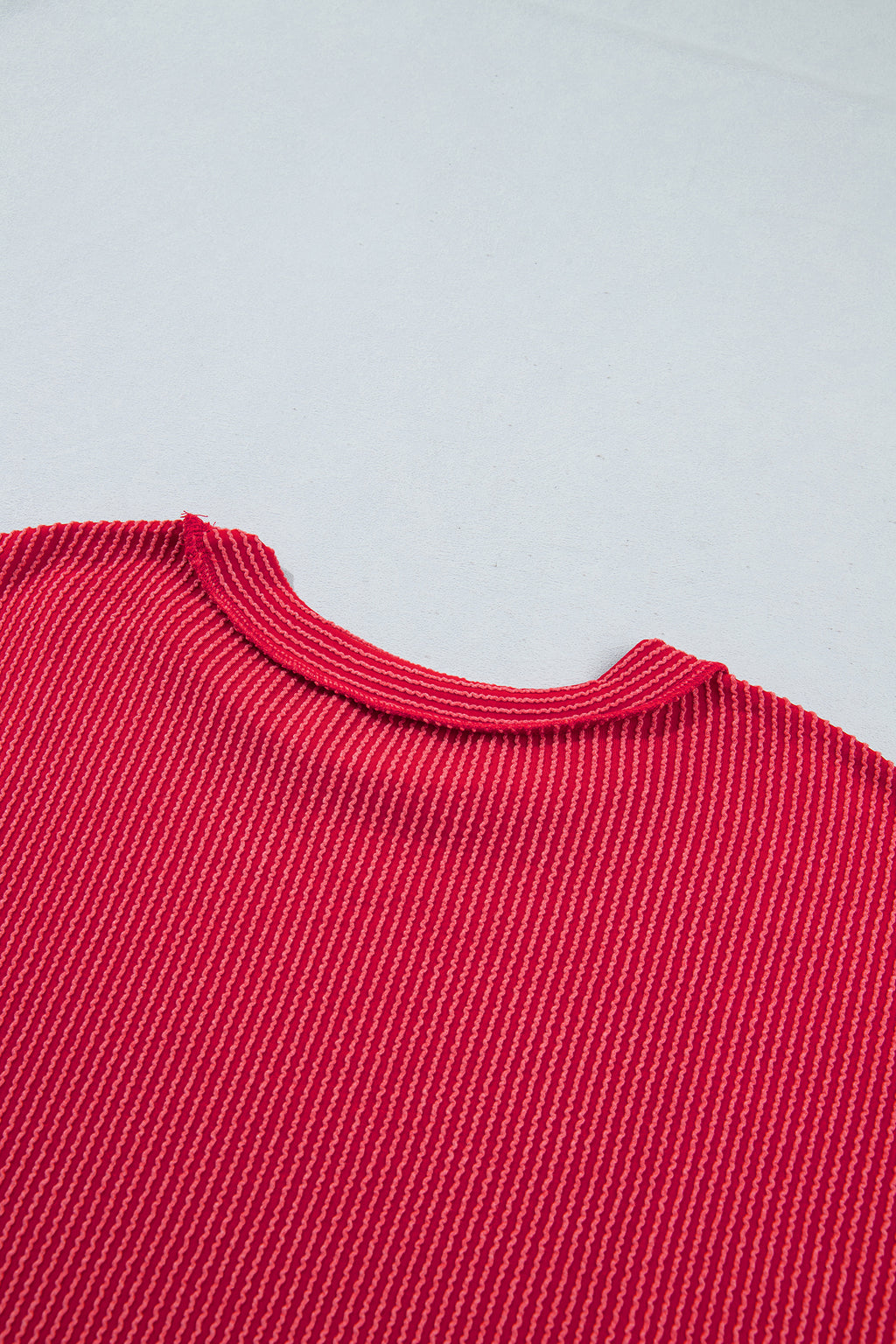 Fiery Red Patchwork Plaid Colorblock Twist Rib Round Neck Long Sleeve Top