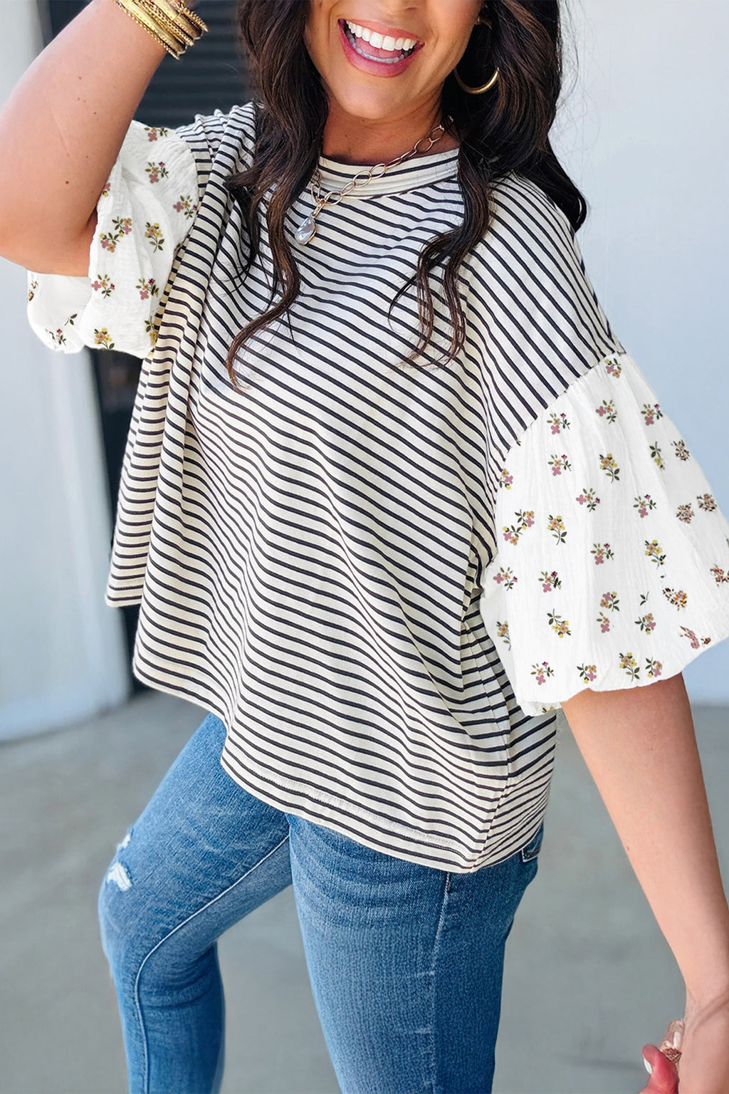 Green Stripe Floral Puff Sleeve Patchwork Round Neck Loose Top