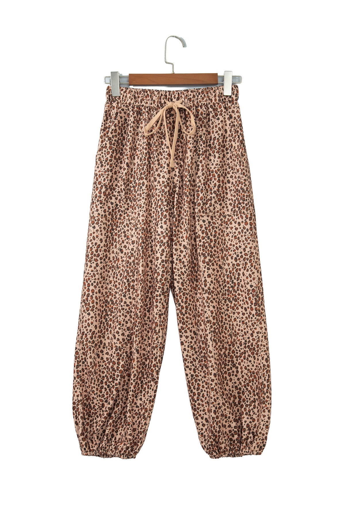 Khaki Leopard Print Drawstring Waist Patch Pockets Pants