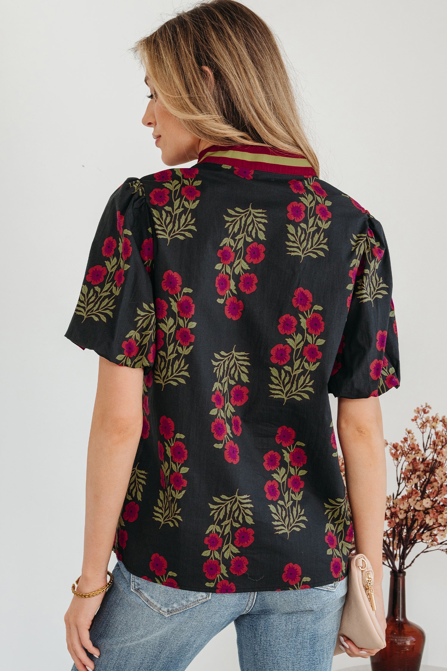 White Floral Short Bubble Sleeve Contrast Slit Neckline Blouse