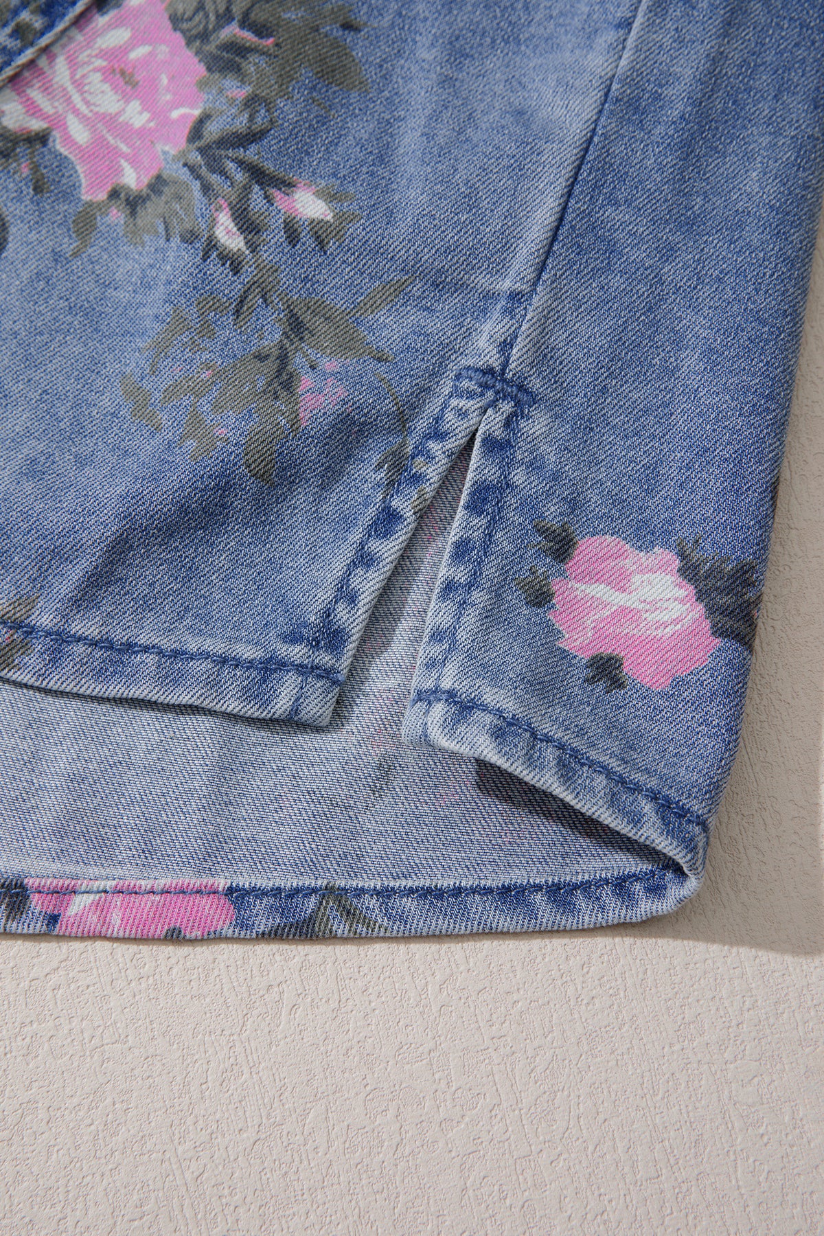 Blue Bracelet Sleeve Floral Denim Shirt