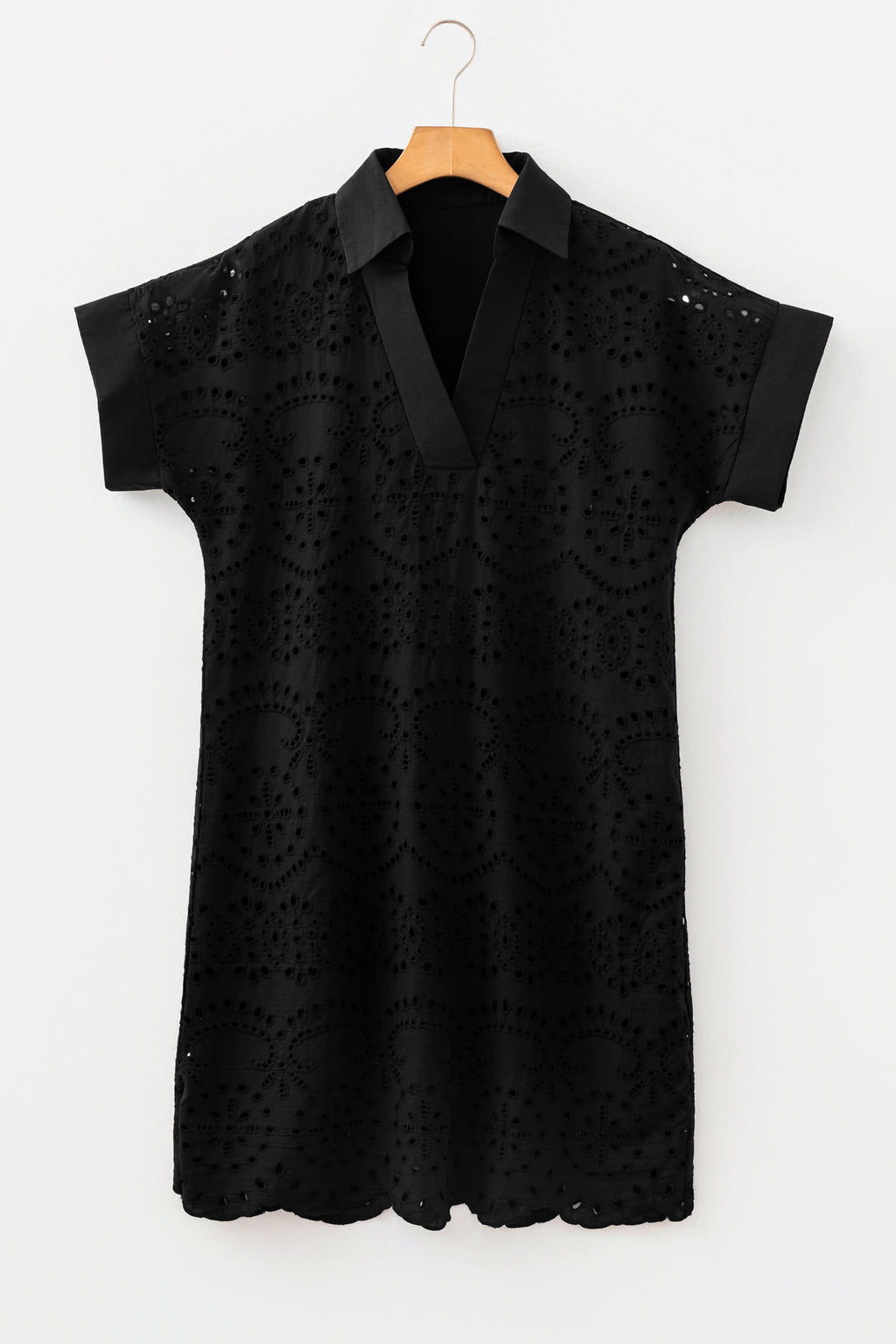 Dark Blue Solid Color Eyelet Embroidered T Shirt Mini Dress