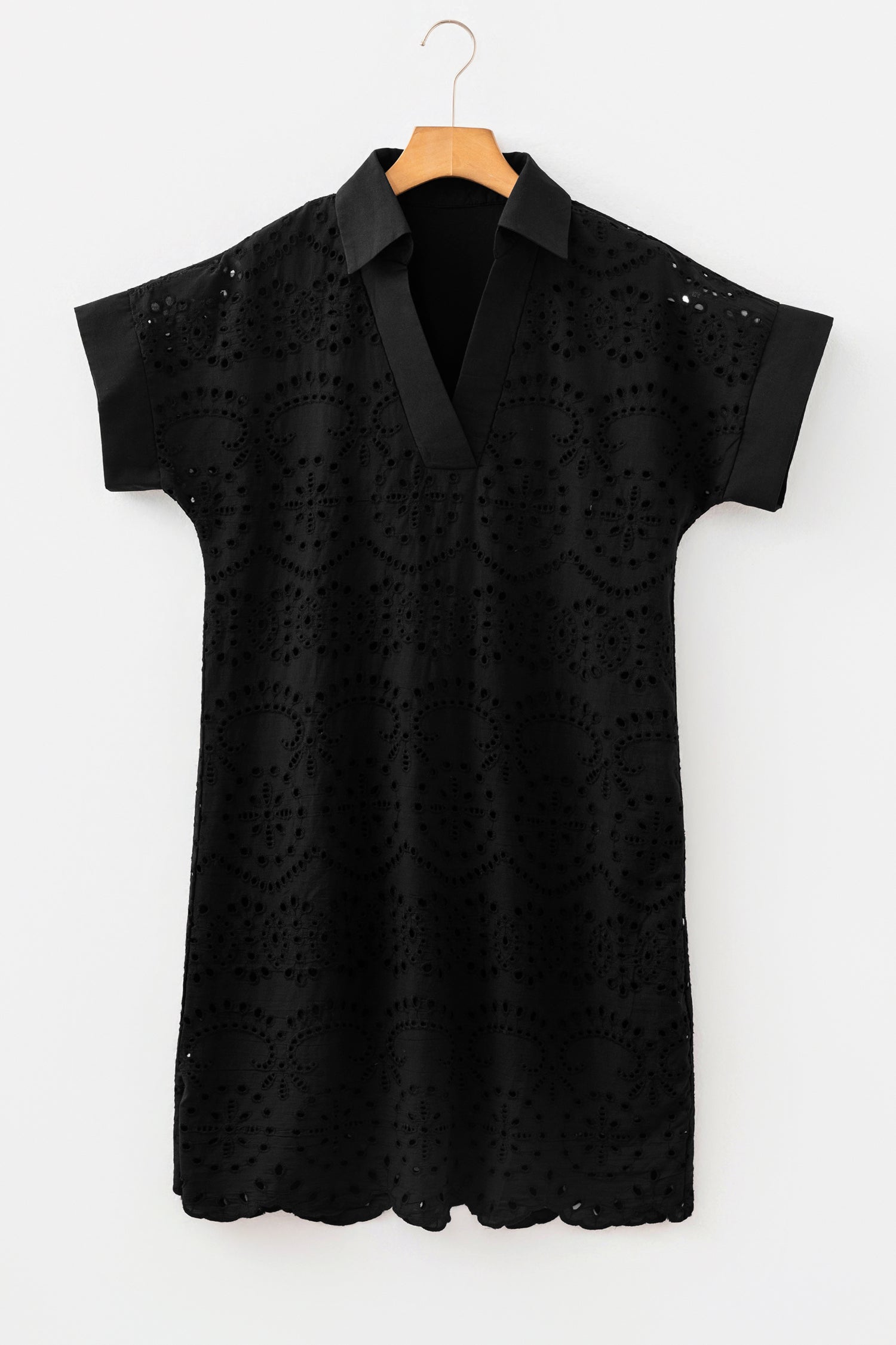Dark Blue Solid Color Eyelet Embroidered T Shirt Mini Dress