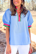 Sky Blue Contrast Striped V Neck Collision Short Puff Sleeve Blouse