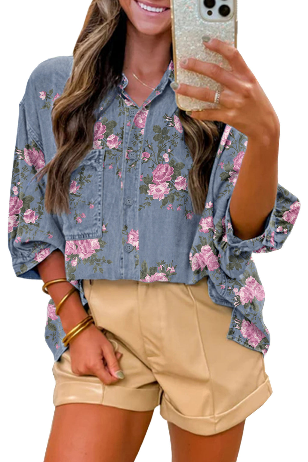 Blue Bracelet Sleeve Floral Denim Shirt