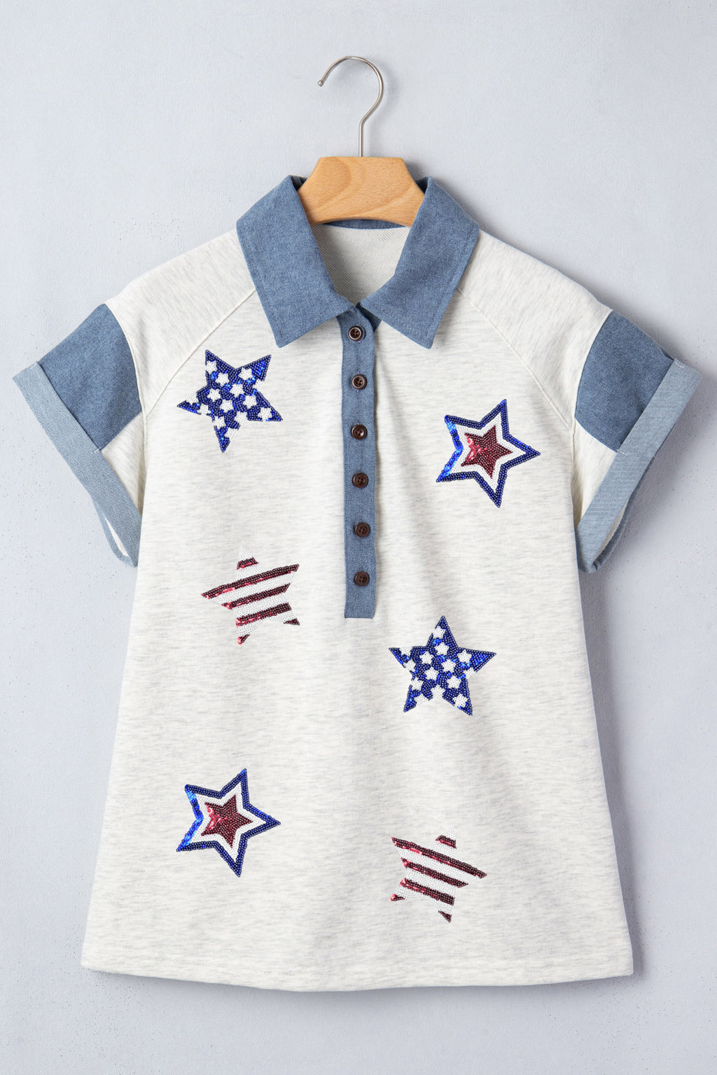Light Grey Color Block Polo Neck Patriotic Sequin Star Graphic Polo Tee