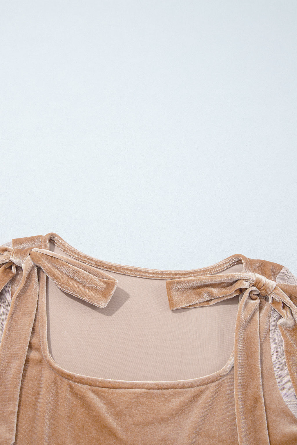 Light French Beige Solid Color Velvet Knot Square Neck Sheer Long Sleeve Bodysuit