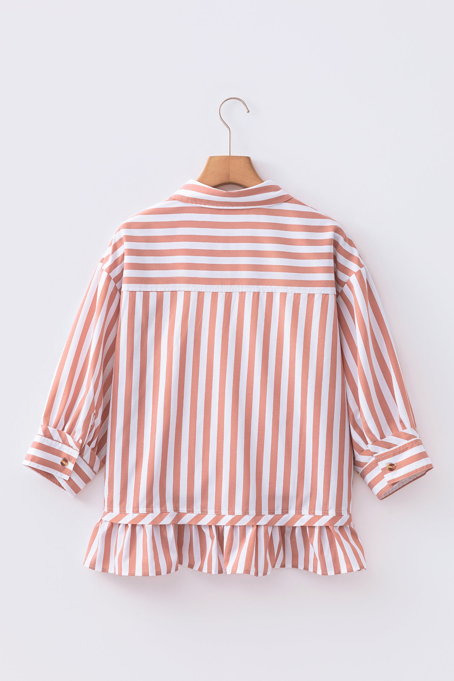 Khaki Stripe Collar Button Front Bracelet Sleeve Ruffle Hem Shirt
