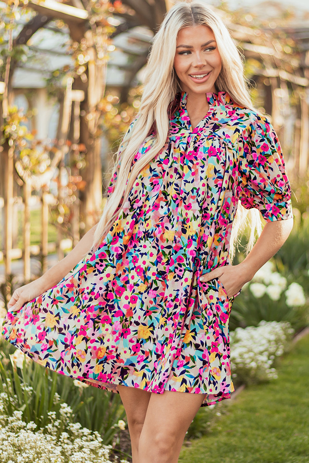 Pink Floral Puff Short Sleeve V Neck Mini Dress