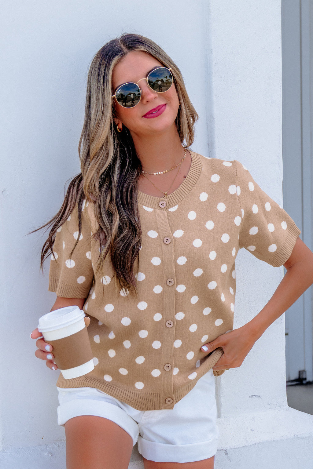 Dark Khaki Polka Dot Short Sleeve Button Down Sweater Cardigan