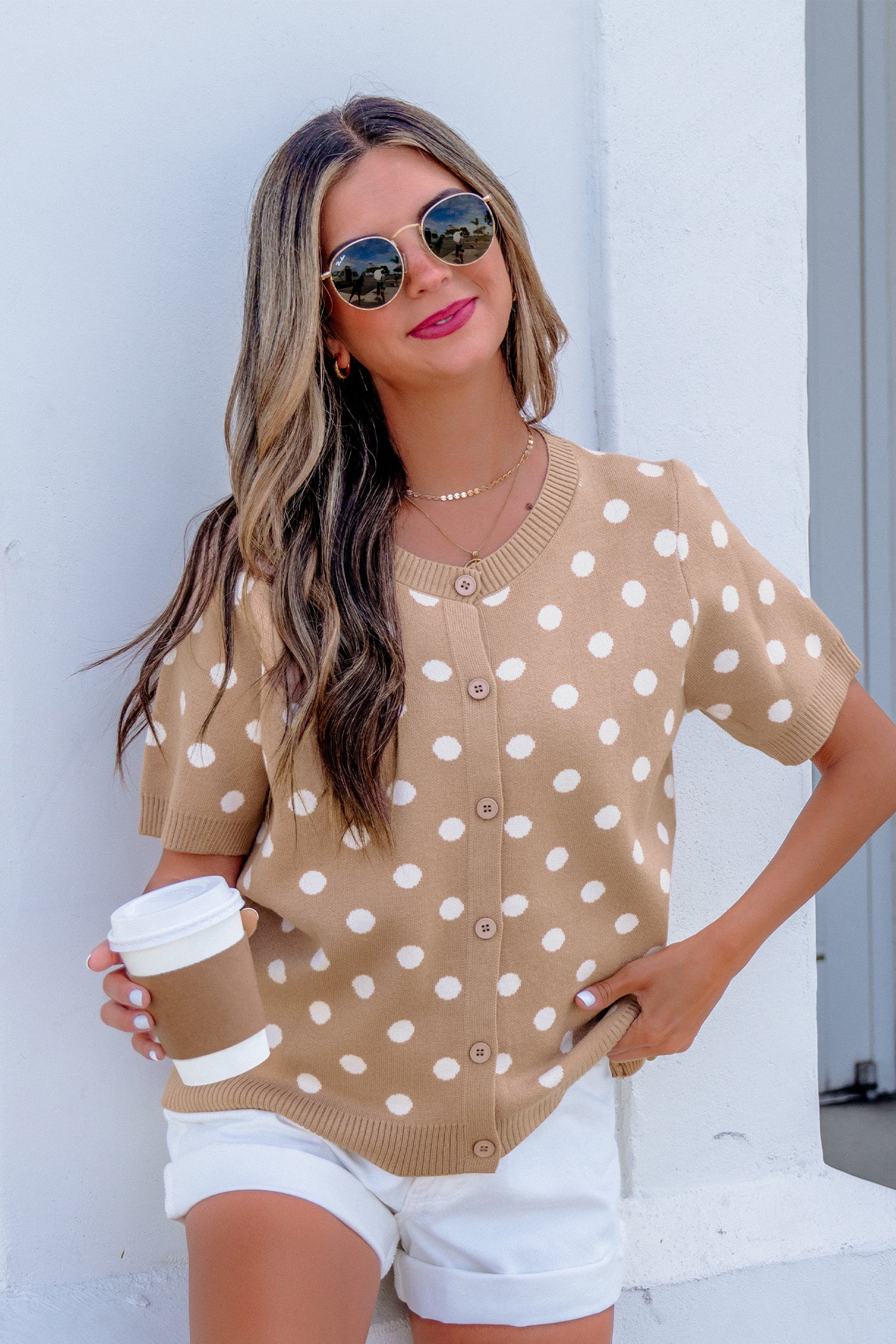 Dark Khaki Polka Dot Short Sleeve Button Down Sweater Cardigan