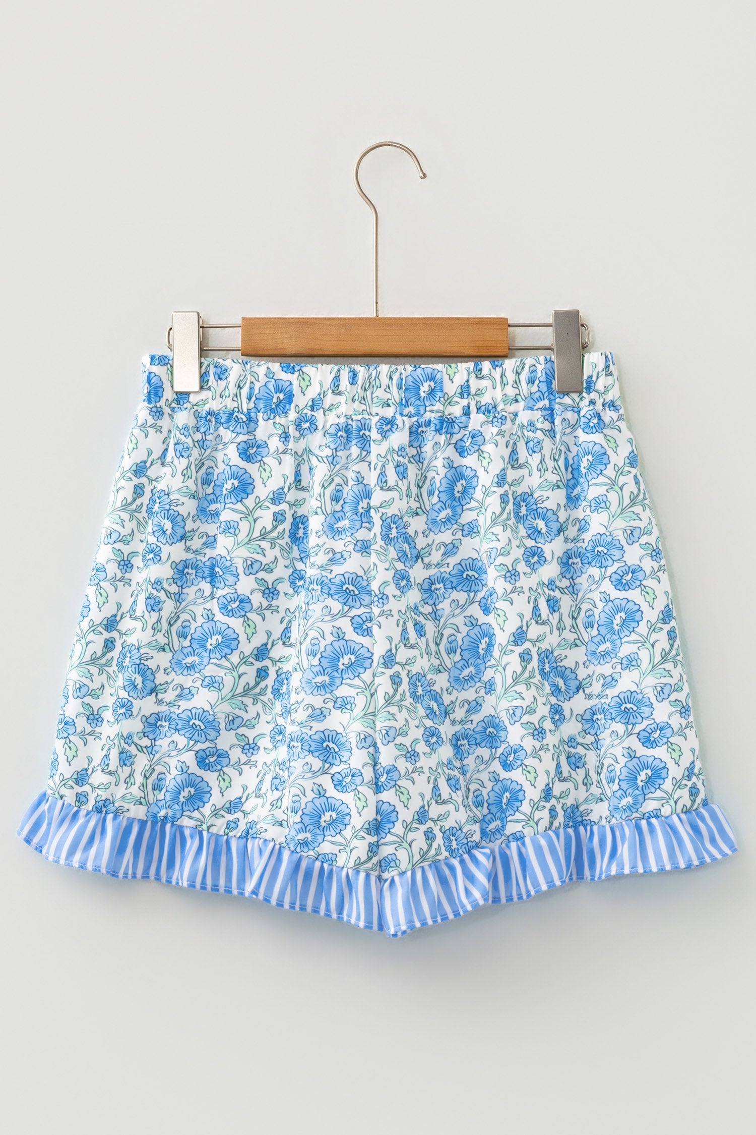 Sky Blue Summer Floral Striped Ruffle Hem Lace Tie Shorts