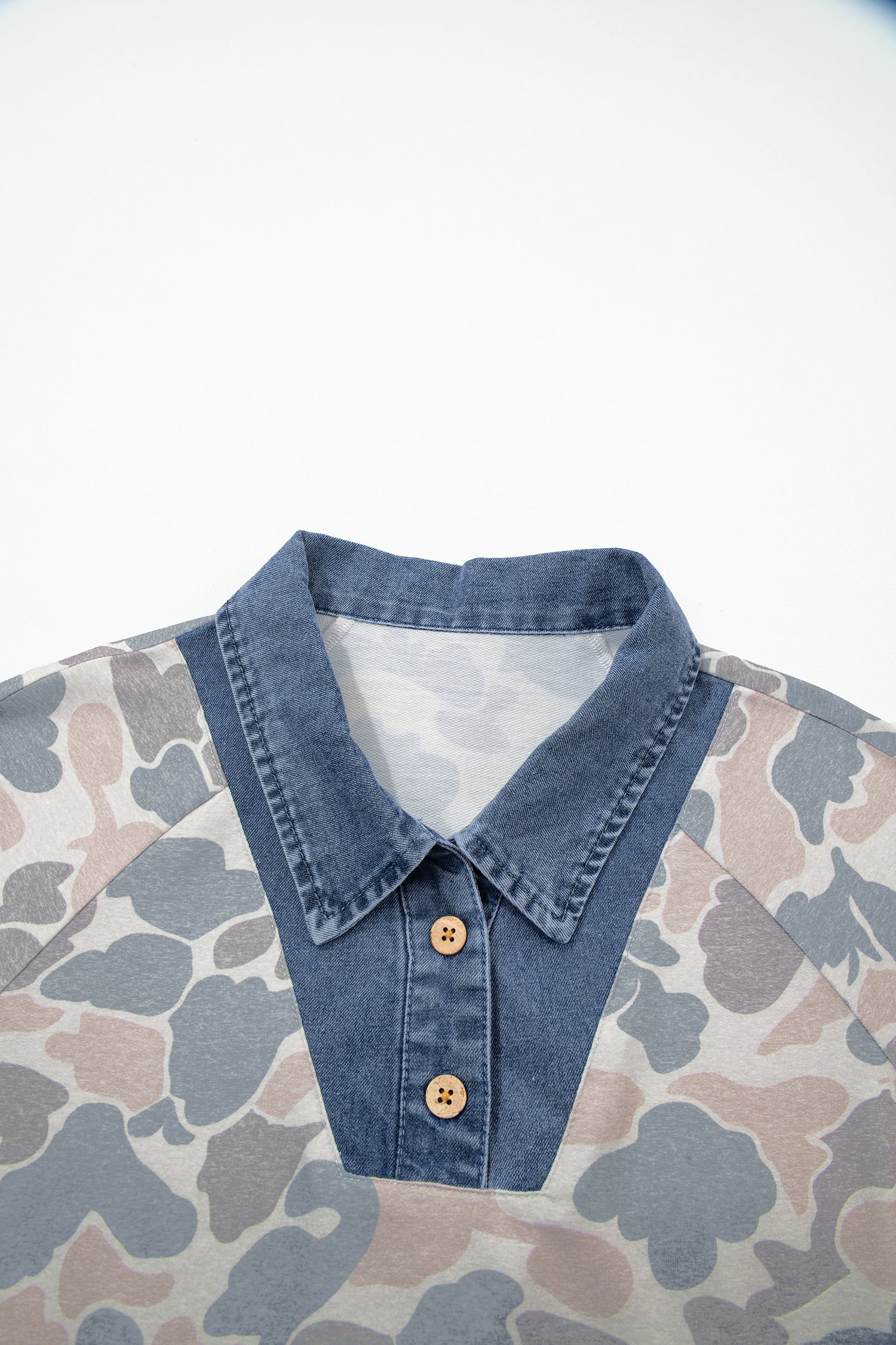 Multicolour Camouflage Print Denim Patchwork Polo Collar Tee