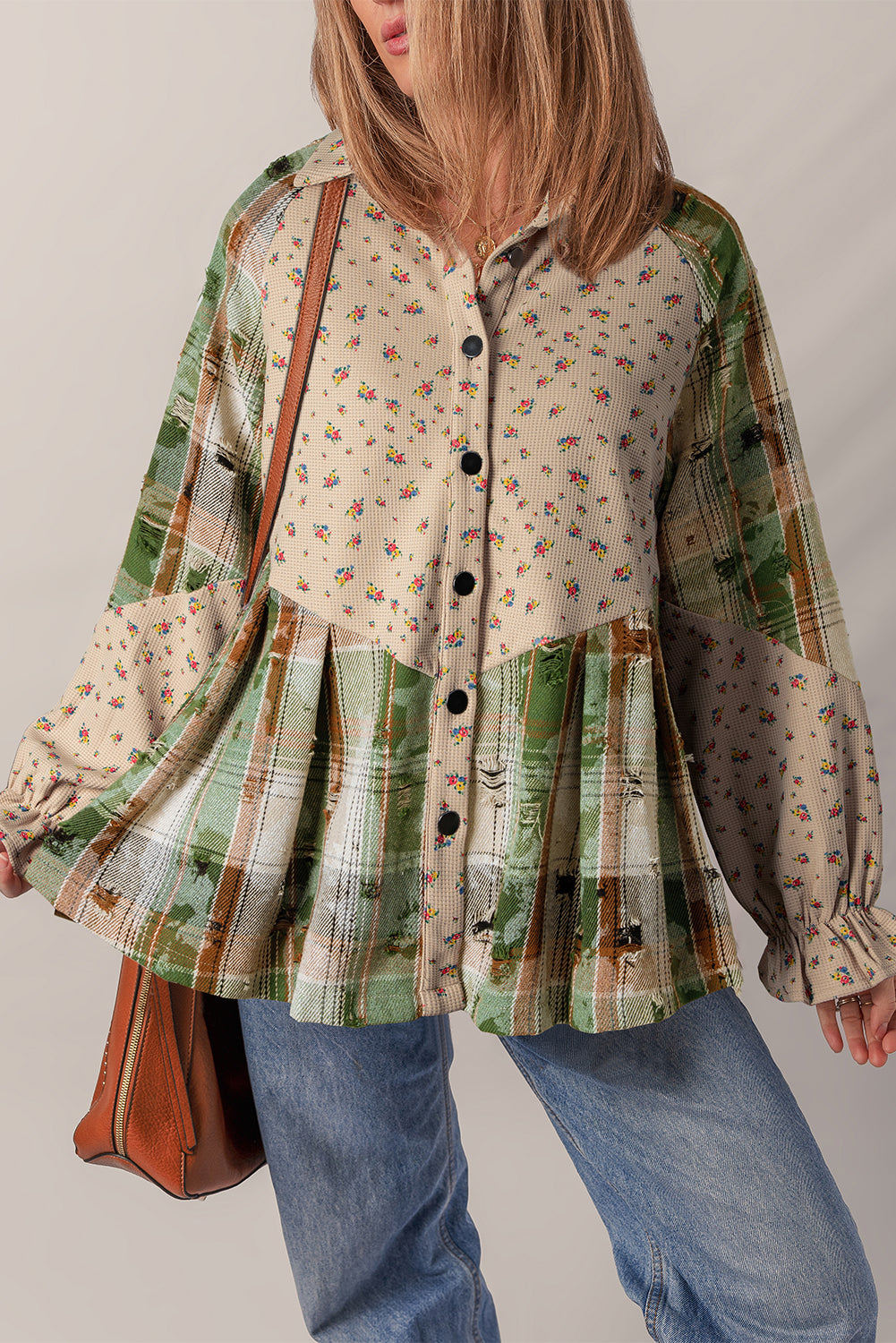 Ashleigh Blue Boho Floral Plaid Patchwork Distressed Detail Ruffled Sleeve Waffle Knit Shacket