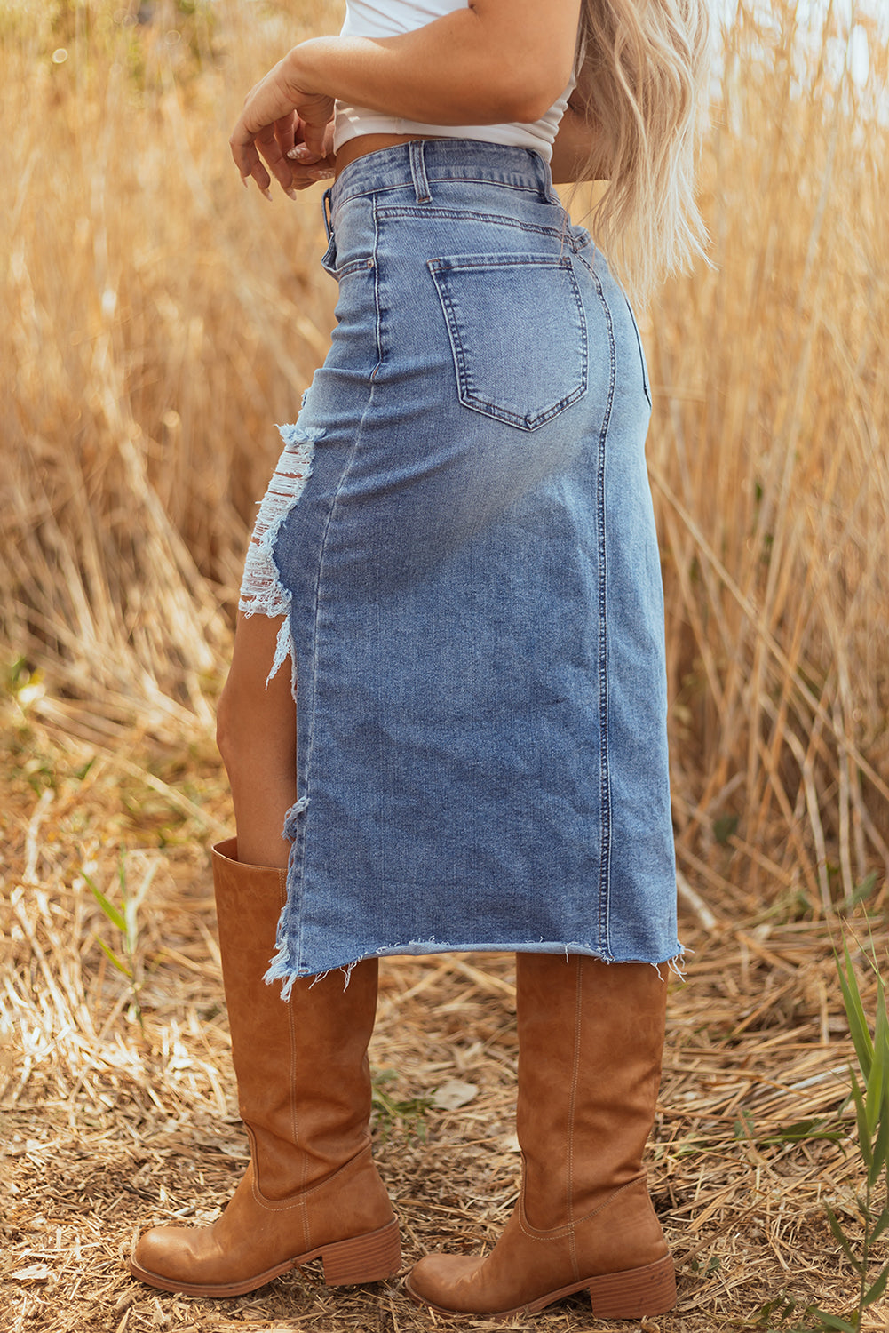Dearlove Myosotis Irregular Distressed Bottom Denim Midi Skirt